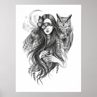 Gothische Wicca-heks en uil donkere folklore kunst Poster