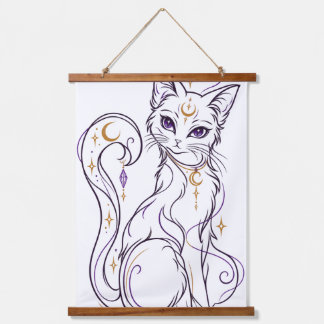 Gothische Wicca-kat lijnkunst Hemelse magie Hangend Wandkleed