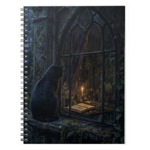 Gothische Zwarte Kat Donkere Botanische Kunstprint Notitieboek