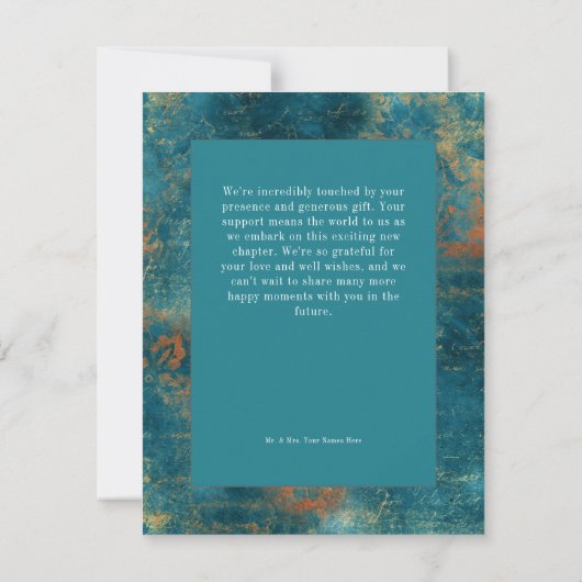 Gotisch Antiek Blauwgroen Goud Damask Fotobruiloft Bedankkaart (Achterkant)