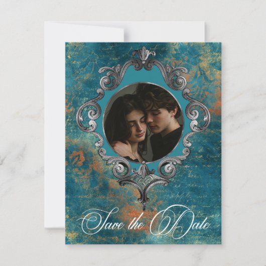 Gotisch Antiek Blauwgroen Goud Damask Fotobruiloft Save The Date (Voorkant)