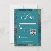 Gotisch Antiek Blauwgroen Goud Damask QR Code Huwe RSVP Kaartje (Voorkant)