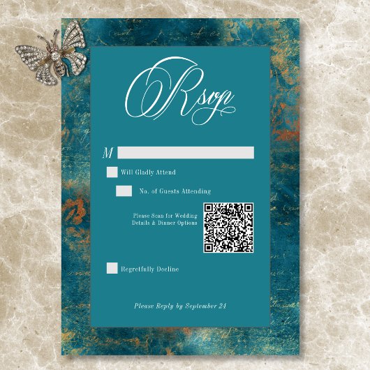 Gotisch Antiek Blauwgroen Goud Damask QR Code Huwe RSVP Kaartje