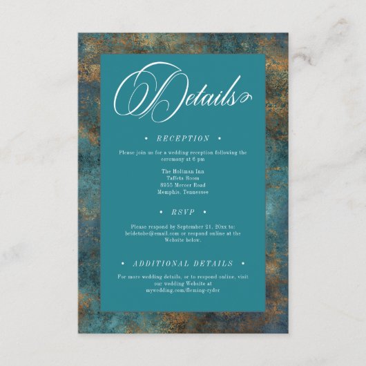 Gotisch Antiek Blauwgroen Gouden Damast Trouwdetai Informatiekaartje (Voorkant)