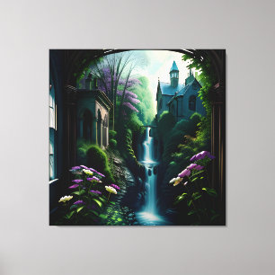 Gotisch Binnenhuis Surreal Waterval 7 Canvas Afdruk