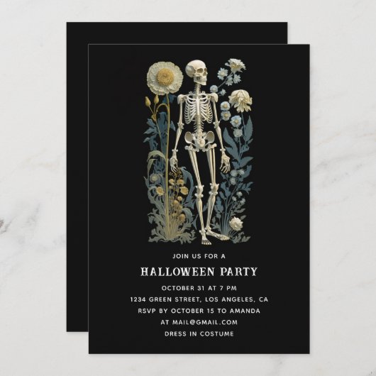 gotisch bloemskelet | Black Halloween Party Kaart (Voorkant / Achterkant)