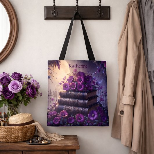 Gotisch boek paarse bloemen tote bag