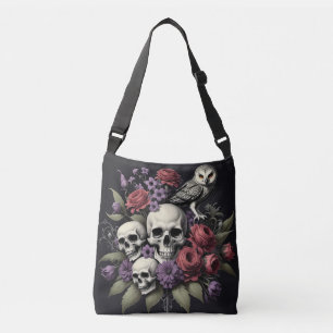 Gotisch boeket met drie schedels en een uil crossbody tas