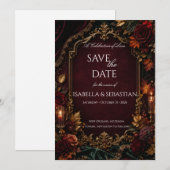 Gotisch | Bourgondië & Goud Save The Date (Voorkant / Achterkant)
