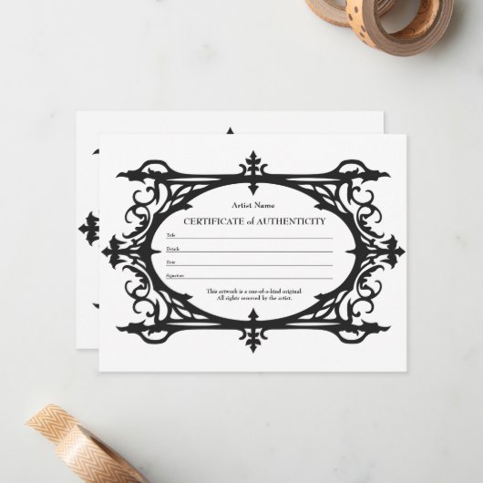 Gotisch Certificaat van Authenticiteit voor Kunst Notitiekaartje (Voorkant / Achterkant in situ)