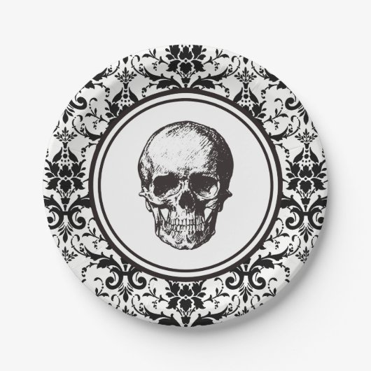 gotisch damast patroon schedel HALLOWEEN Papieren Bordje (Voorkant)
