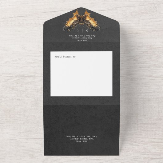 Gotisch Goud & Zwart Moth Moody Diner All In One Uitnodiging (Buitenkant)