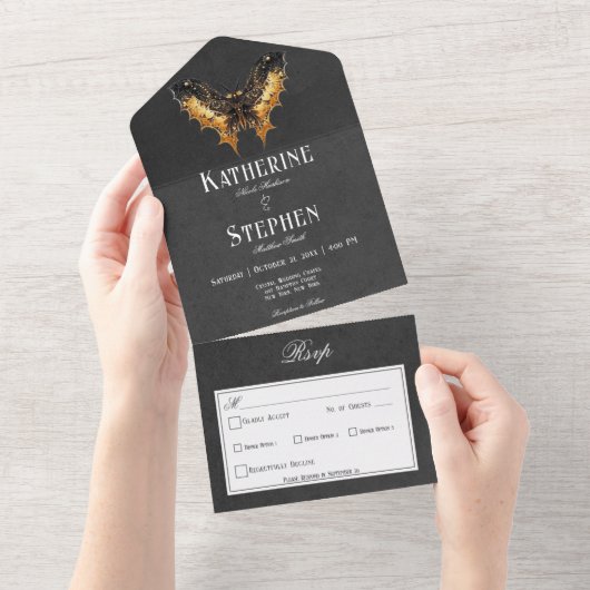 Gotisch Goud & Zwart Moth Moody Diner All In One Uitnodiging (Afscheurbaar)