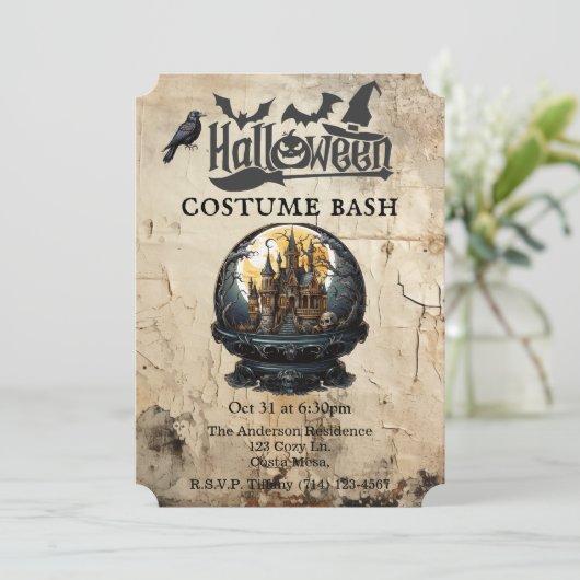Gotisch Huis in Sneeuw Wereldbol Halloween Kostuum Kaart (Staand voorkant)