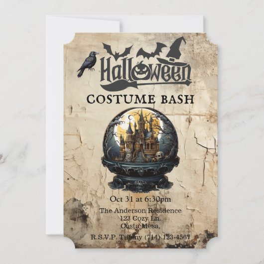 Gotisch Huis in Sneeuw Wereldbol Halloween Kostuum Kaart (Voorkant)