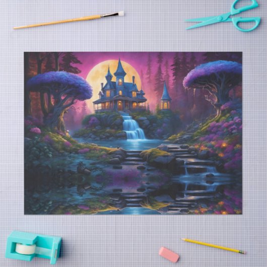 Gotisch Huis op heuvel met watervallen Tissuepapier (Craft)