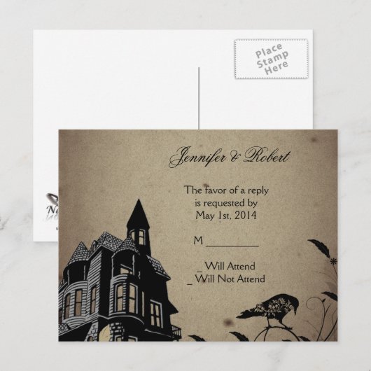 Gotisch Huis Trouwen RSVP Briefkaart (Voorkant / Achterkant)