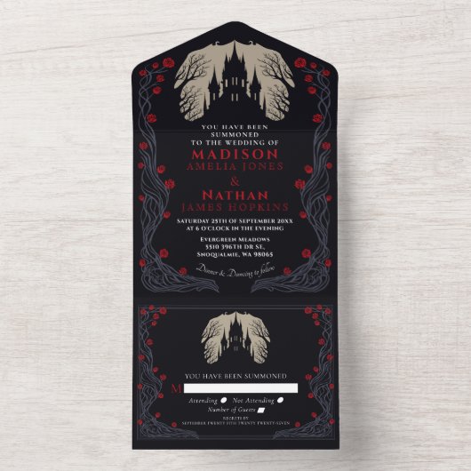 Gotisch Kasteel Bloemen Halloween Bruiloft All In One Uitnodiging (Binnen)