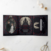 Gotisch Kasteel Bloemen Halloween Bruiloft Drieluik Uitnodiging (Binnen)