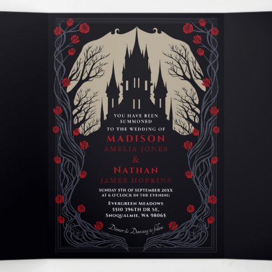 Gotisch Kasteel Bloemen Halloween Bruiloft Drieluik Uitnodiging (Binnenkant midden)