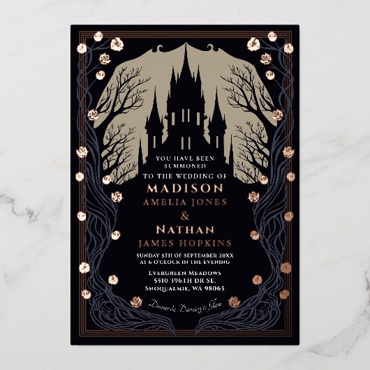 Gotisch Kasteel Bloemen Halloween Bruiloft Folie Uitnodiging (Voorkant)