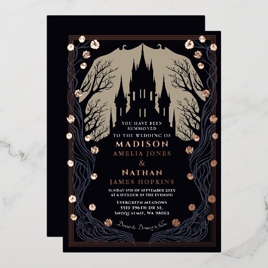 Gotisch Kasteel Bloemen Halloween Bruiloft Folie Uitnodiging (Voorkant / Achterkant)