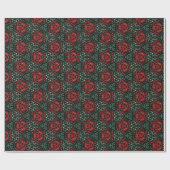 Gotisch kerstpatroon met rode en groene bloemen cadeaupapier (Vlak)