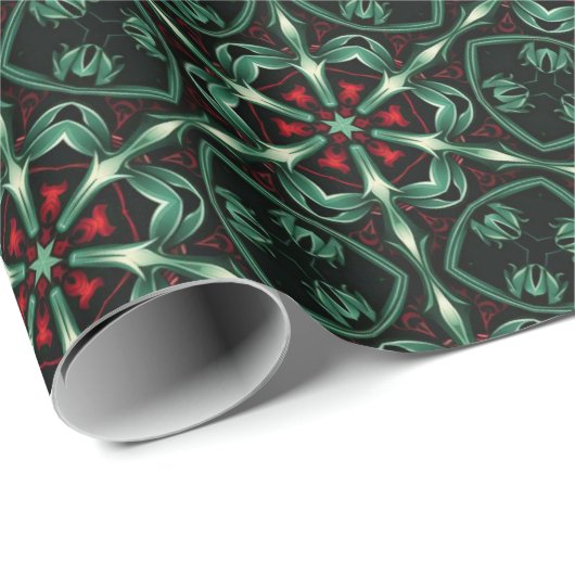 Gotisch kerstpatroon met rode en groene bloemen cadeaupapier (Rol Hoek)