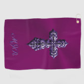 Gotisch kruis in reliëfdruk in Paars met monogram Golfhanddoek (Horizontaal)