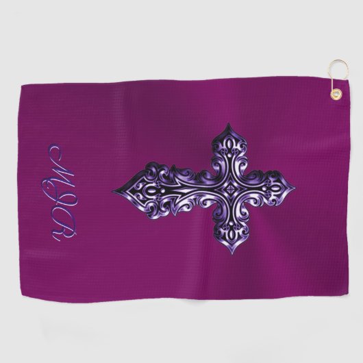 Gotisch kruis in reliëfdruk in Paars met monogram Golfhanddoek (Horizontaal)