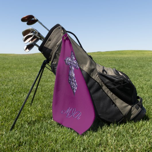 Gotisch kruis in reliëfdruk in Paars met monogram Golfhanddoek (Groen)