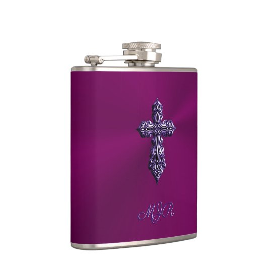 Gotisch kruis in reliëfdruk in Paars met monogram Heupfles (Rechts)