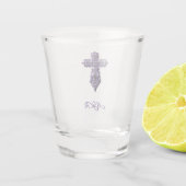 Gotisch kruis in reliëfdruk in Paars met monogram Shot Glas (Achterkant)