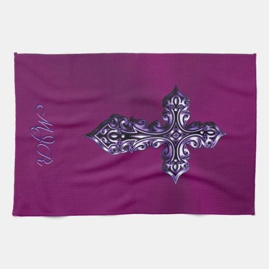 Gotisch kruis in reliëfdruk in Paars met monogram Theedoek (Horizontaal)