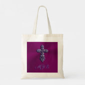 Gotisch kruis in reliëfdruk in Paars met monogram Tote Bag (Achterkant)