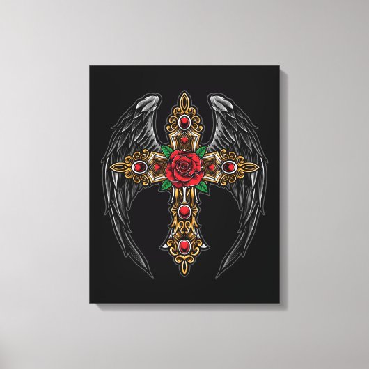 Gotisch kruis met bloemen en vleugels canvas afdruk (Voorkant)