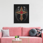 Gotisch kruis met bloemen en vleugels canvas afdruk (Insitu (Woonkamer))