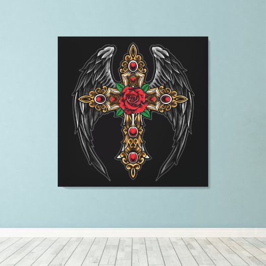 Gotisch kruis met bloemen en vleugels canvas afdruk (Insitu (Houten vloer))