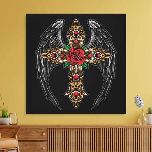 Gotisch kruis met bloemen en vleugels canvas afdruk (Insitu (Woonkamer))