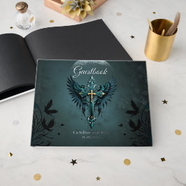 Gotisch kruis met decoratieve elementen en vogels. gastenboek