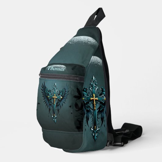 Gotisch kruis met decoratieve elementen en vogels. sling bag (Rechterhoek)