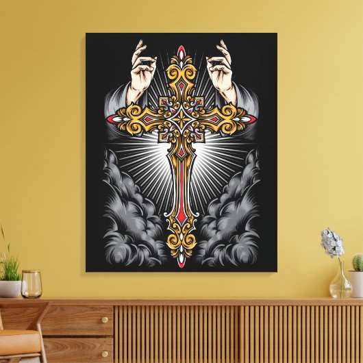 Gotisch kruis met handen canvas afdruk (Insitu (Woonkamer))