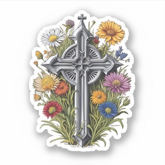 Gotisch kruis met wilde bloemen sticker (Voorkant)