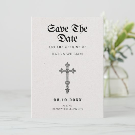 Gotisch kruis save the date (Staand voorkant)