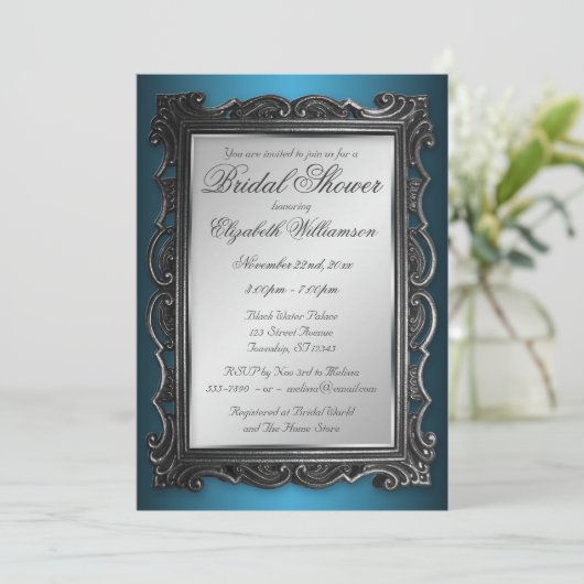 Gotisch Lijst Grijs Blauw Bruidsdouche Uitnodiging (Staand voorkant)