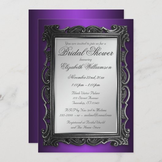 Gotisch Lijst Grijs Paarse Bruidsdouche Uitnodigin Kaart (Voorkant / Achterkant)