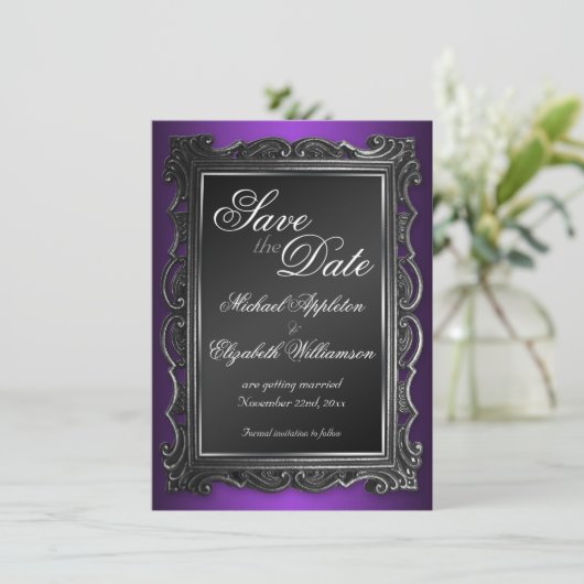 Gotisch Lijst Paarse Save the Date Mededelingen (Staand voorkant)
