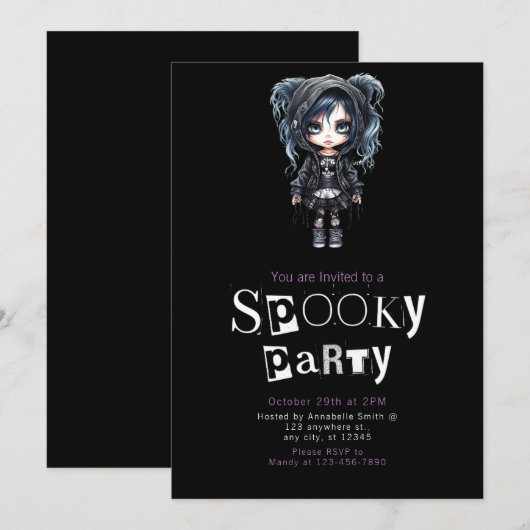 Gotisch Meisje in Zwart Halloween Feest Kaart (Voorkant / Achterkant)