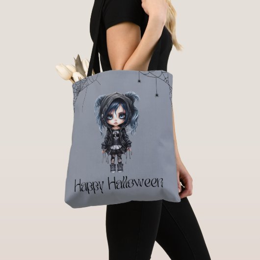 Gotisch Meisje met Spinnenwebben en Spinnen Hallow Tote Bag (Dichtbij)