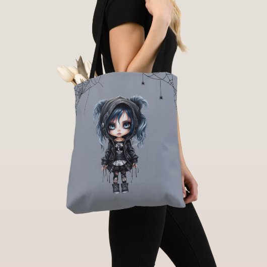 Gotisch Meisje met Spinnenwebben en Spinnen Hallow Tote Bag (Dichtbij)